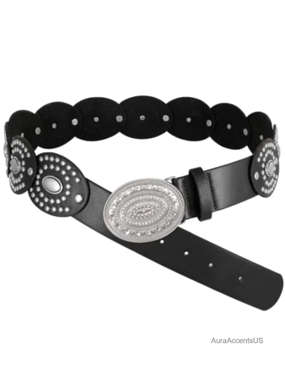 Wide Western Disc Belt | Faux Leather Concho Belt with Rhinestone Buckle for